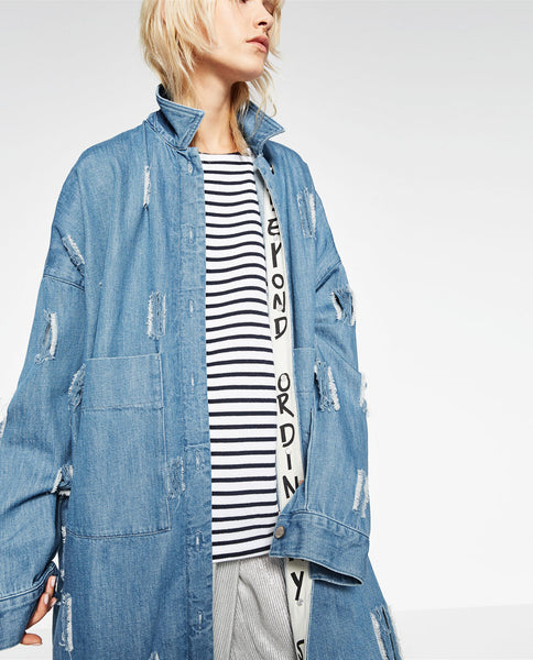 RIPPED DENIM DUSTER COAT